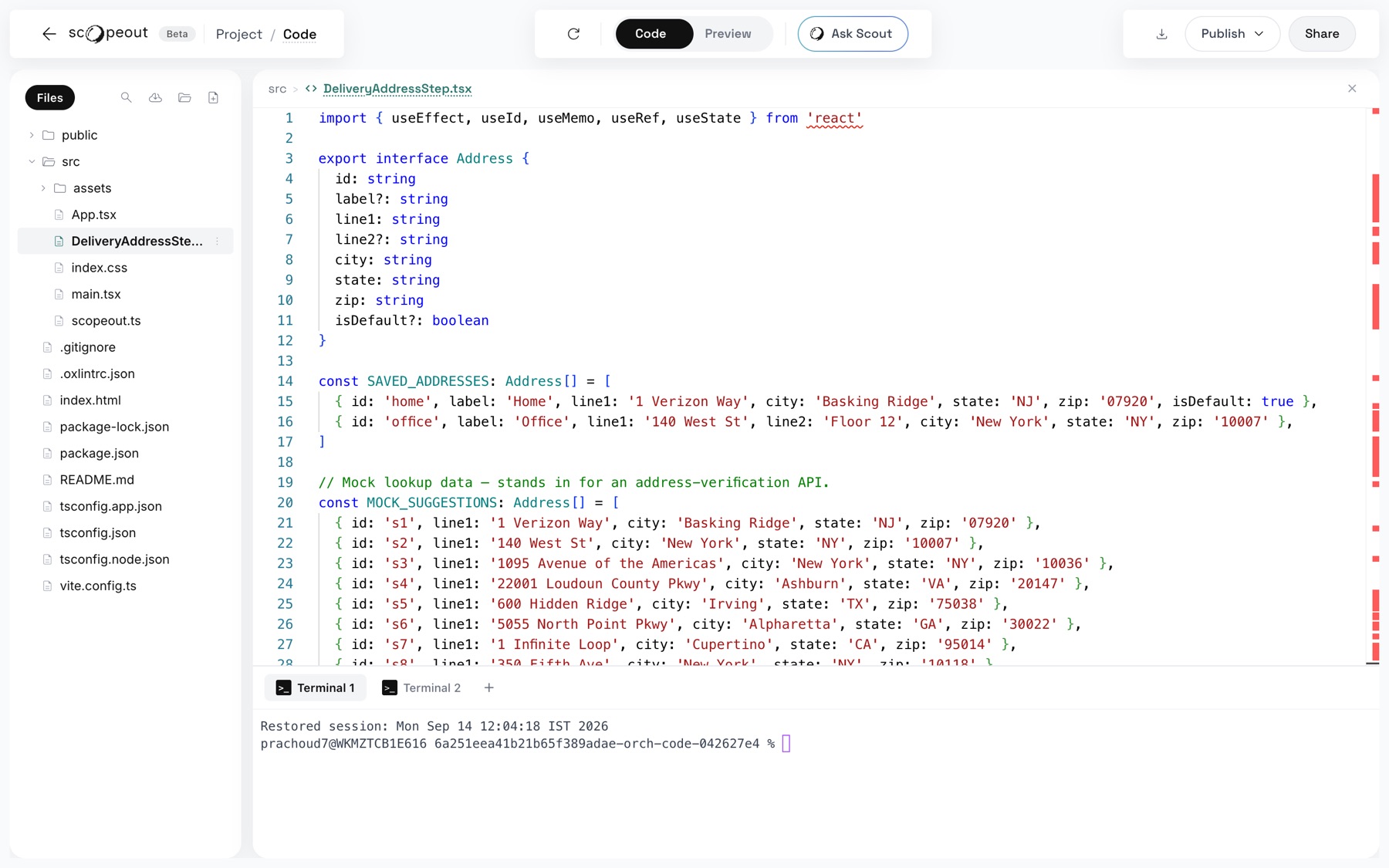 Scopeout Code space with DeliveryAddressStep.tsx open, written by the Coding Agent