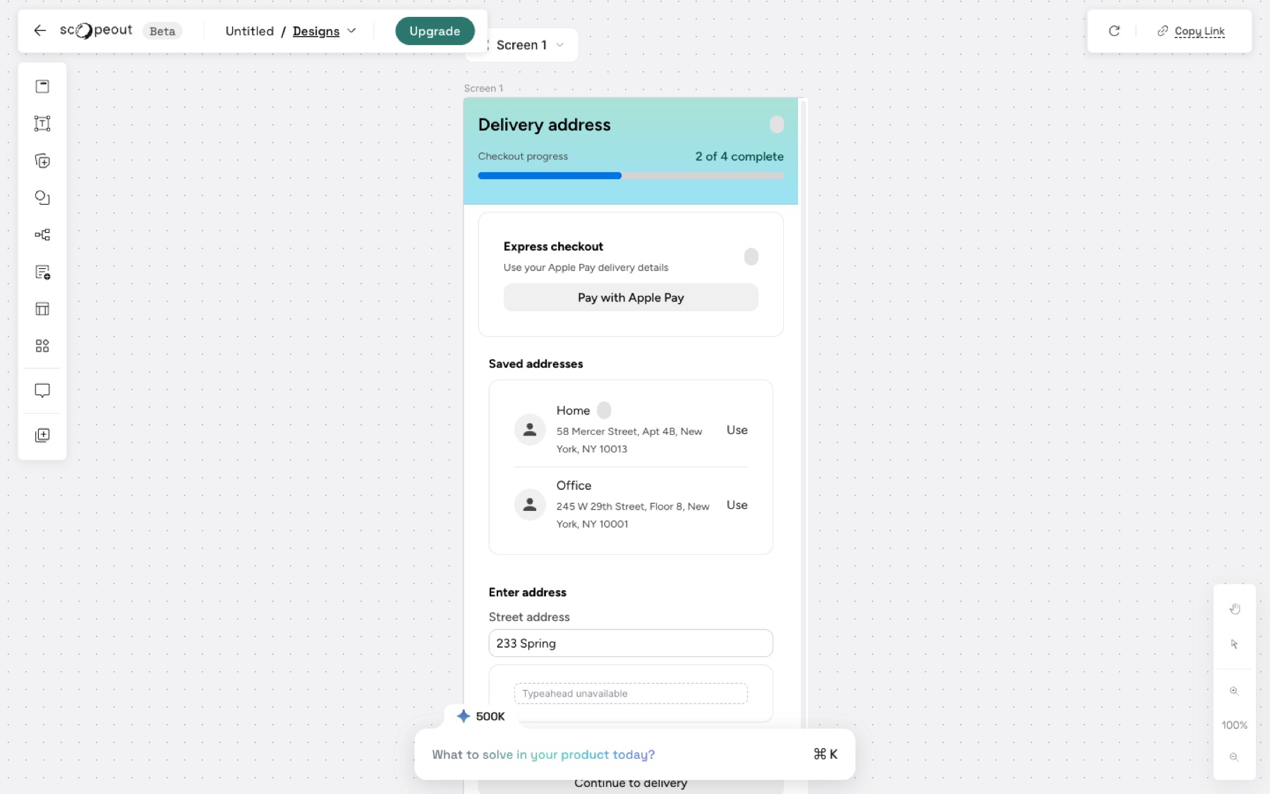 Scopeout Designs canvas comparing today's 6-field address form with variant B: saved addresses first, one field with lookup, numeric ZIP keypad